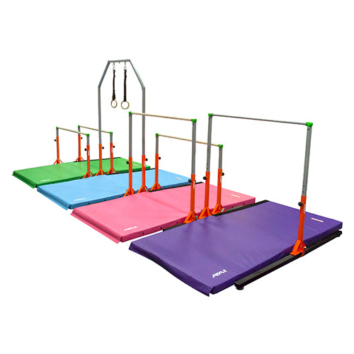 ELITE™ KIDS GYM Inline Circuit with Uneven Bars, Rings, Parallel Bars, High Bar (steel), and Mats